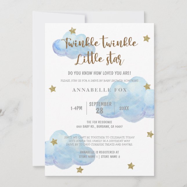 Invitación Twinkle Little Star Blue Watercolor Baby Shower In (Anverso)