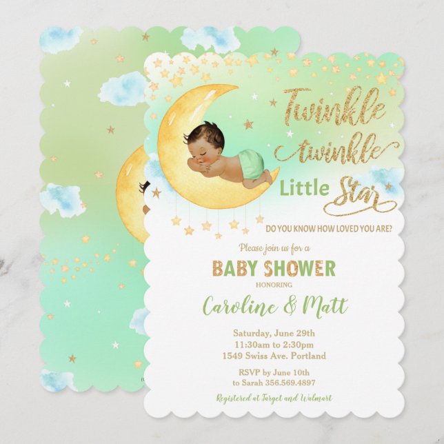 Invitación Twinkle Little Star Brown Baby Shower Neutral (Anverso / Reverso)