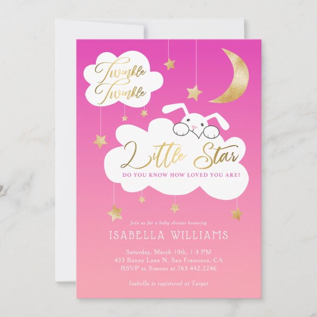 Invitación Twinkle Little Star Bunny Pink Baby Shower (Anverso)