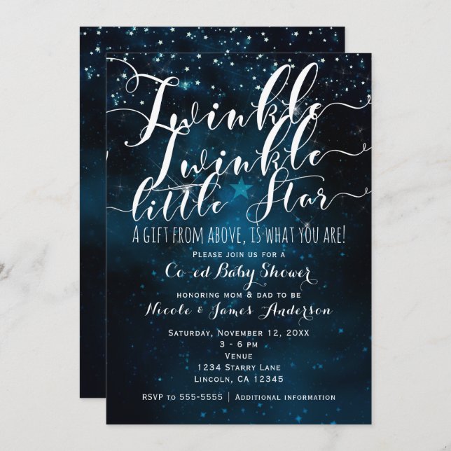 Invitación Twinkle Little Star Celestial Starry Baby Shower (Anverso / Reverso)