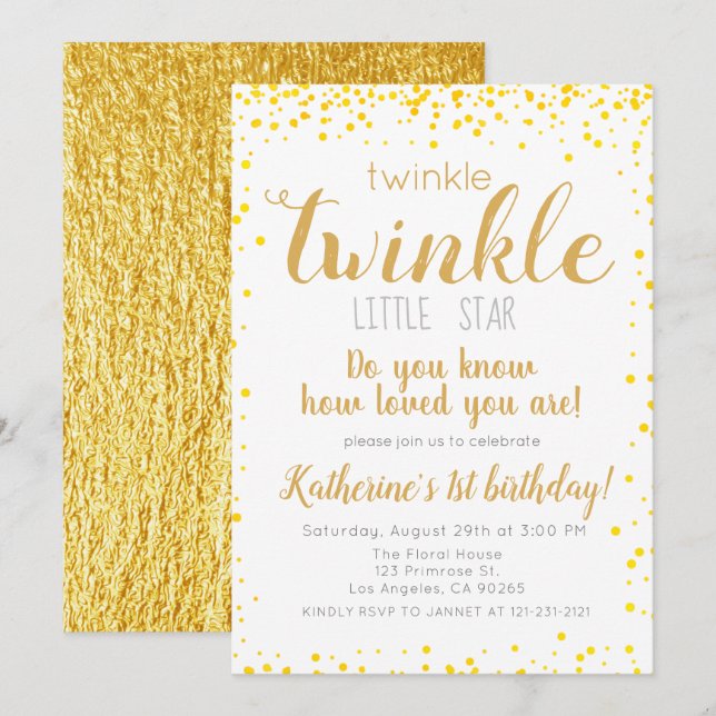 Invitación Twinkle Little Star Chicas Purpurina de oro cumple (Anverso / Reverso)