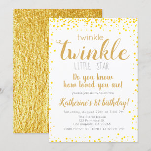 Invitación Twinkle Little Star Chicas Purpurina de oro cumple