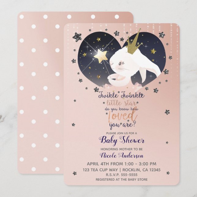 Invitación Twinkle Little Star Conejito Melocotón Baby Shower (Anverso / Reverso)