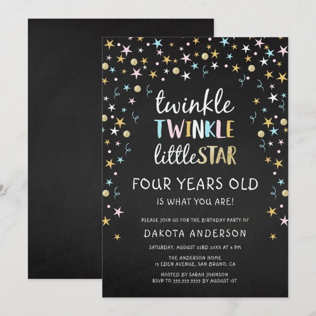 Invitación ¡Twinkle Little Star De 4 Años Es Lo Que Eres! (Anverso / Reverso)