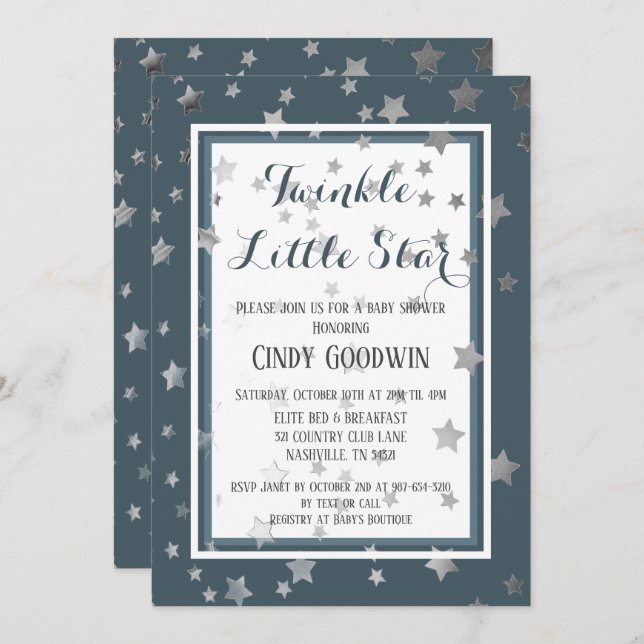 Invitación Twinkle Little Star Dusty Blue Boy Baby Shower (Anverso / Reverso)
