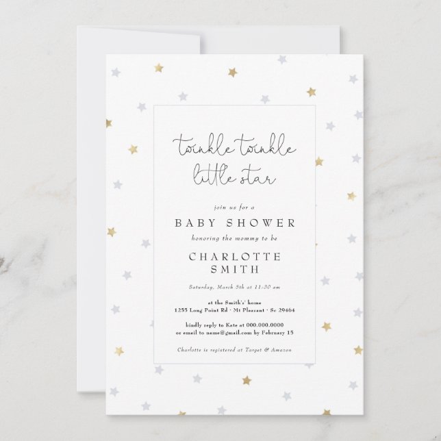 Invitación Twinkle Little Star Elegante Baby Shower Gray Gold (Anverso)
