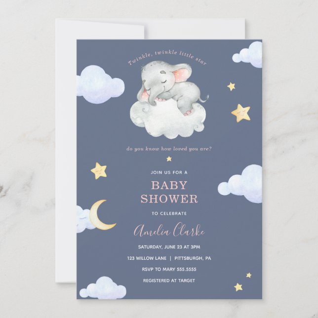 Invitación Twinkle Little Star Elephant Baby Shower (Anverso)