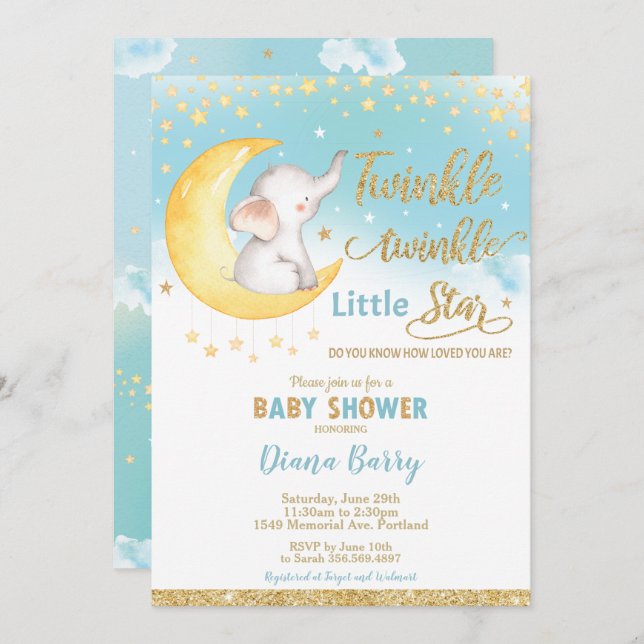 Invitación Twinkle Little Star Elephant Baby Shower Boy (Anverso / Reverso)