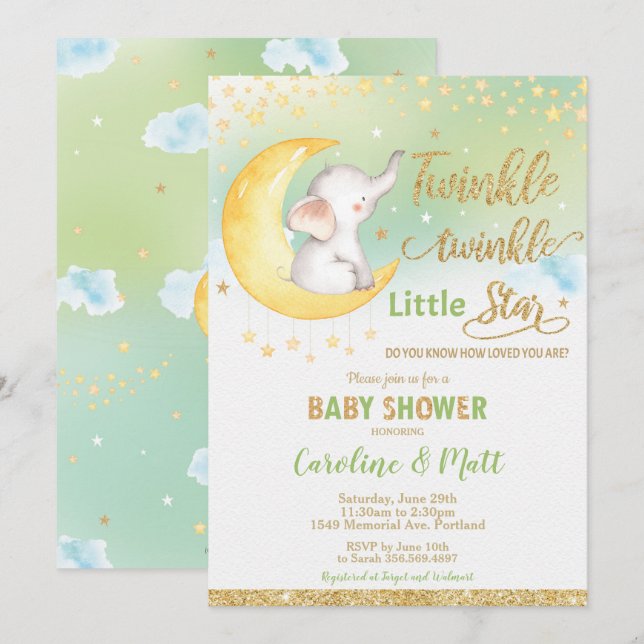 Invitación Twinkle Little Star Elephant Baby Shower Neutral (Anverso / Reverso)