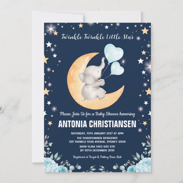 Invitación Twinkle Little Star Elephant Moon Baby Boy Shower (Anverso)