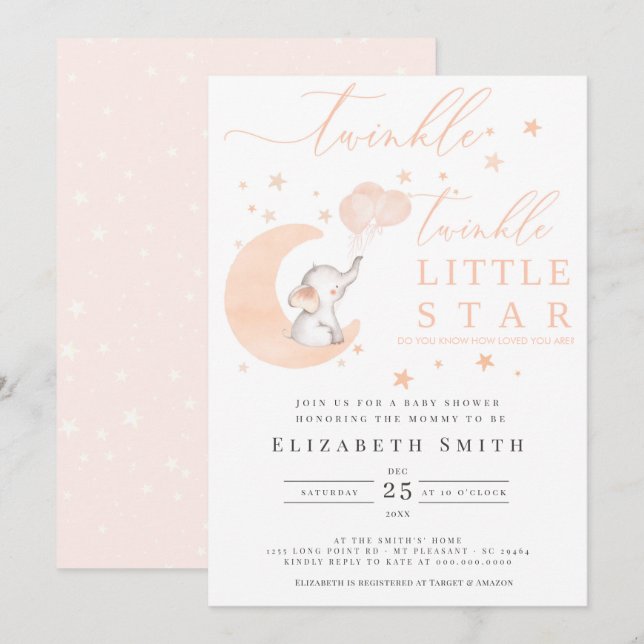 Invitación Twinkle Little Star Elephant Peach Baby Shower (Anverso / Reverso)