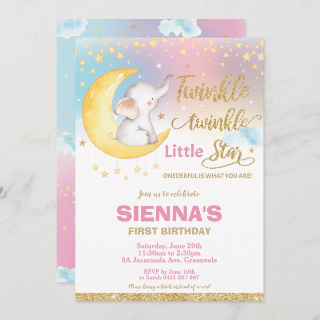 Invitación Twinkle Little Star Elephant Primer Chica de cumpl (Anverso / Reverso)