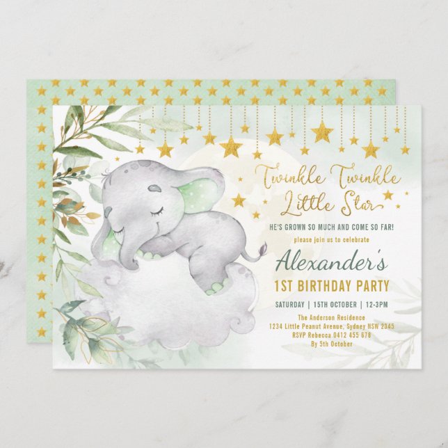 Invitación Twinkle Little Star Elephant Wild One 1er cumpleañ (Anverso / Reverso)