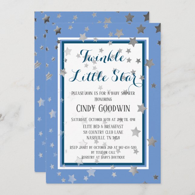 Invitación Twinkle Little Star Estrellas Azules Plateadas Bab (Anverso / Reverso)
