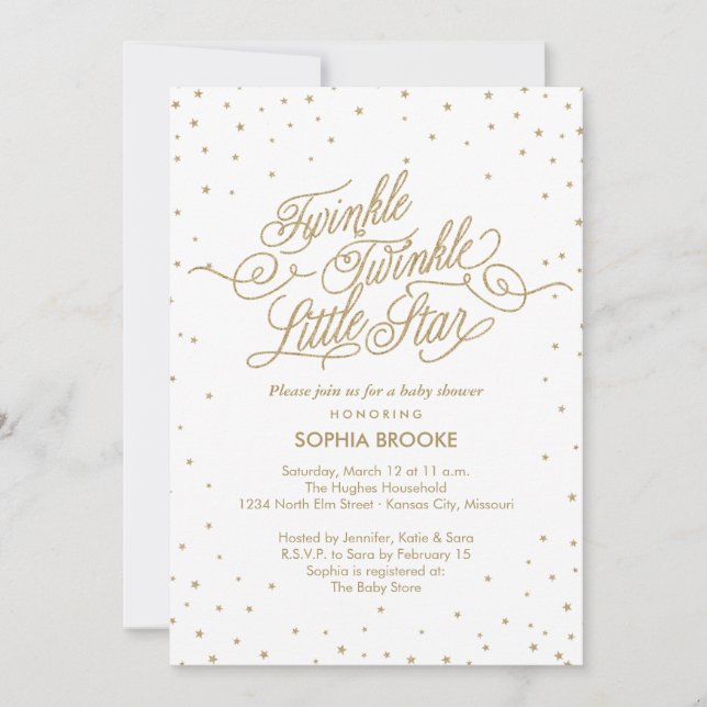 Invitación Twinkle Little Star Fancy Gold y White Baby Shower (Anverso)