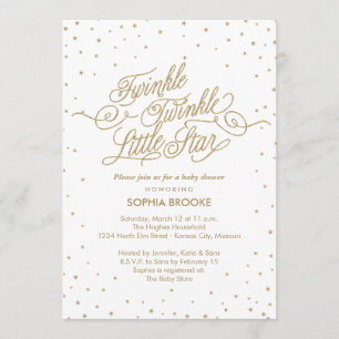 Invitación Twinkle Little Star Fancy Gold y White Baby Shower