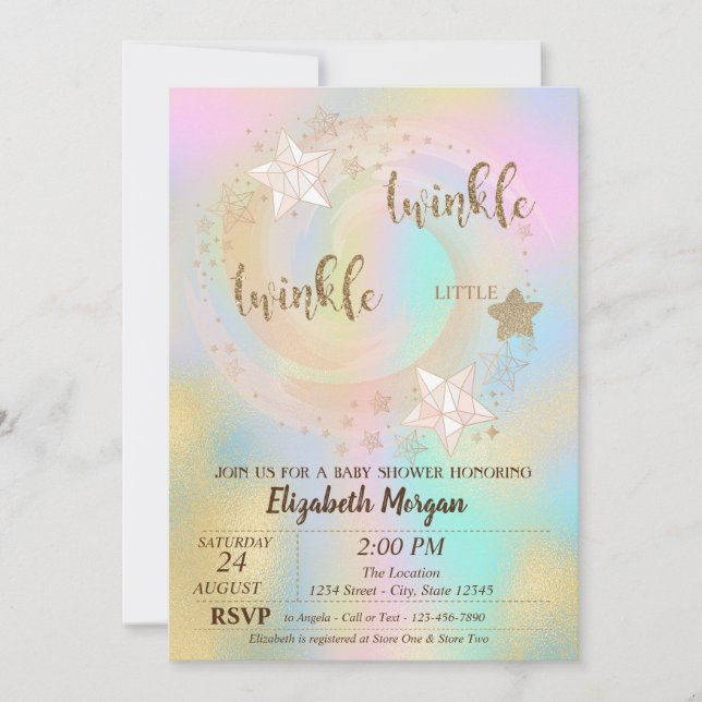 Invitación Twinkle Little Star Fiesta de Bebé Holográfica (Anverso)