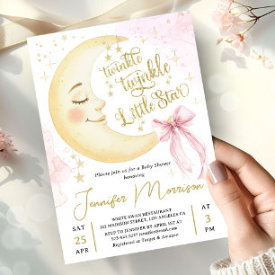 Invitación Twinkle Little Star Fiesta de Bebé Niña Lazo Rosa