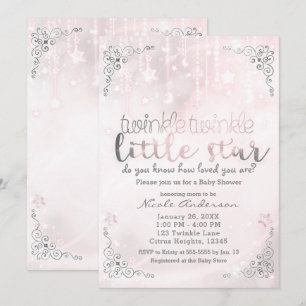 Invitación Twinkle little Star Fiesta de Bebé Rosa y Plateado