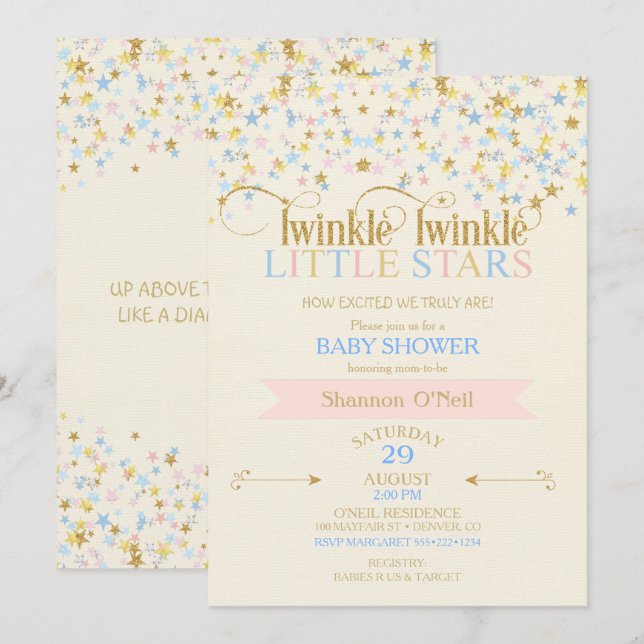 Invitación Twinkle Little Star gemela Baby Shower rosa y azul (Anverso / Reverso)