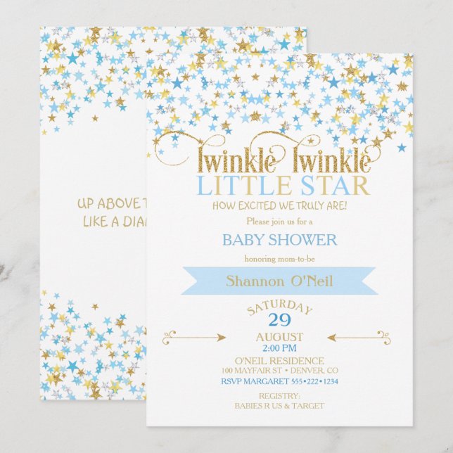 Invitación Twinkle Little Star Gold & Baby Blue (Anverso / Reverso)