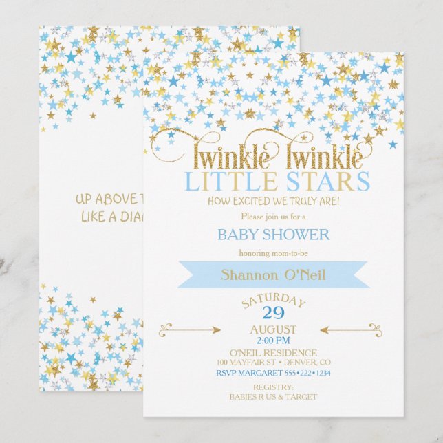 Invitación Twinkle Little Star Gold & Baby Blue Boy Twins (Anverso / Reverso)