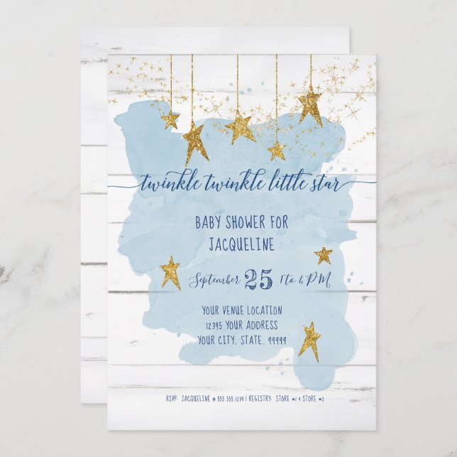 Invitación Twinkle Little Star Gold Wood Boy Baby Shower (Anverso / Reverso)