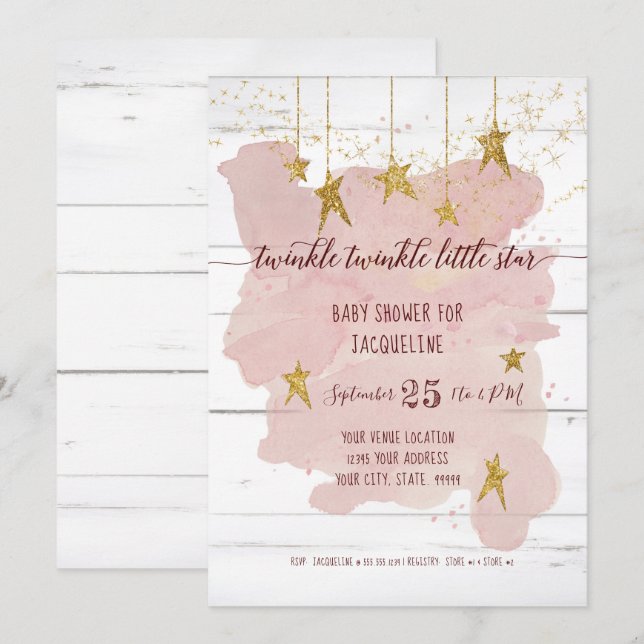 Invitación Twinkle Little Star Gold Wood Chica Baby Shower (Anverso / Reverso)