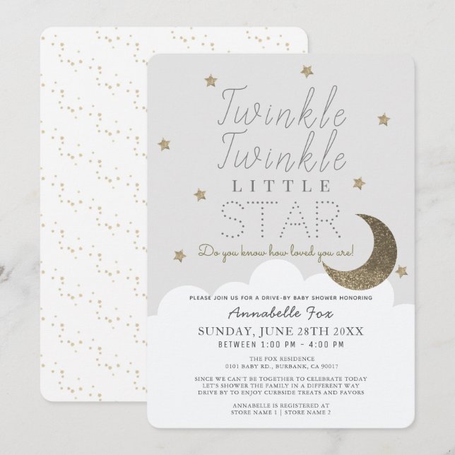Invitación Twinkle Little Star Gray Drive-by Baby Shower (Anverso / Reverso)
