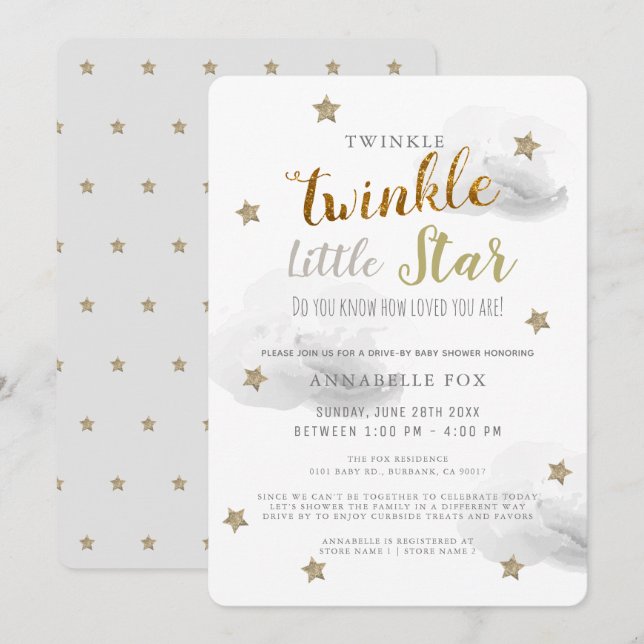 Invitación Twinkle Little Star Gray Drive-by Baby Shower (Anverso / Reverso)