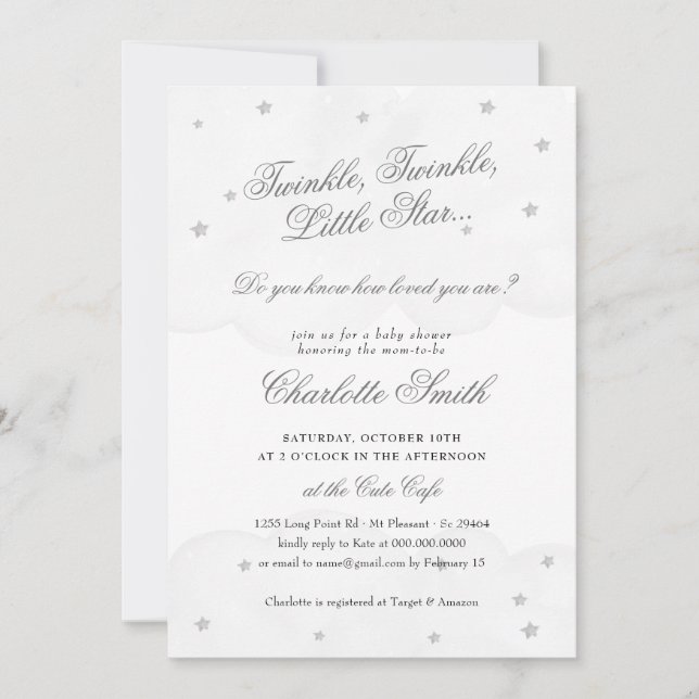 Invitación Twinkle Little Star Gray Elegant Baby Shower (Anverso)