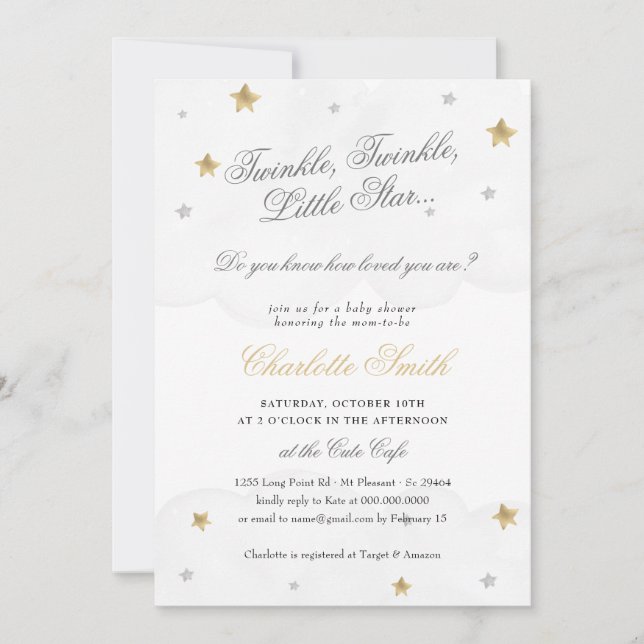 Invitación Twinkle Little Star Gray Gold Elegant Baby Shower (Anverso)