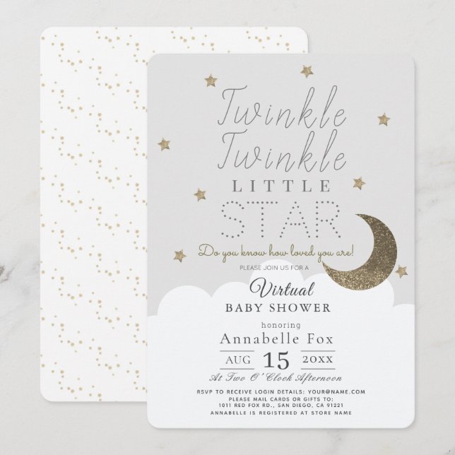 Invitación Twinkle Little Star Gray Virtual Baby Shower (Anverso / Reverso)