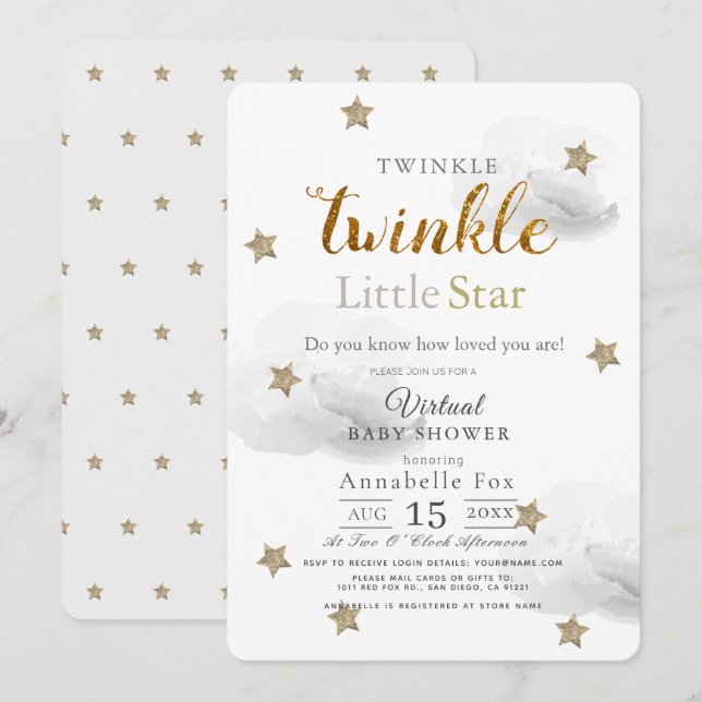 Invitación Twinkle Little Star Gray Virtual Baby Shower (Anverso / Reverso)