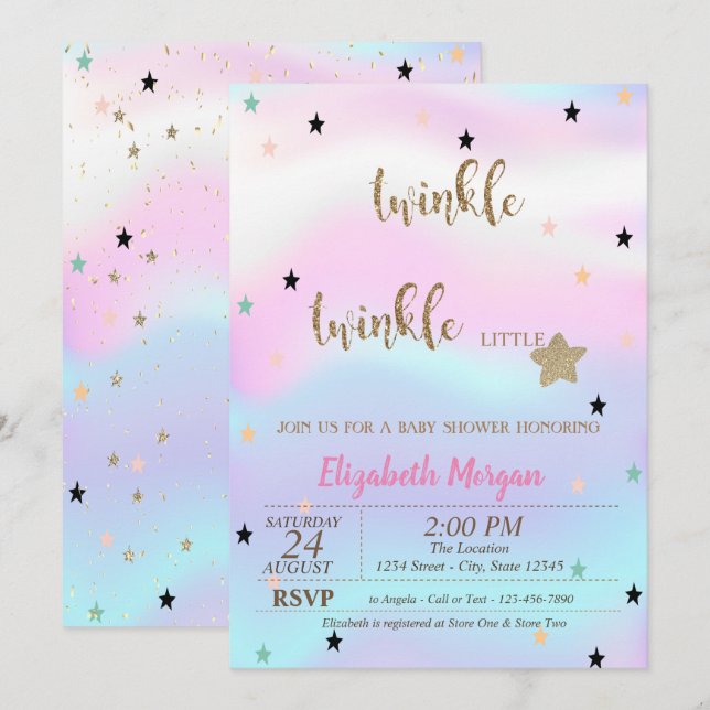 Invitación Twinkle Little Star Holographic Baby Shower (Anverso / Reverso)