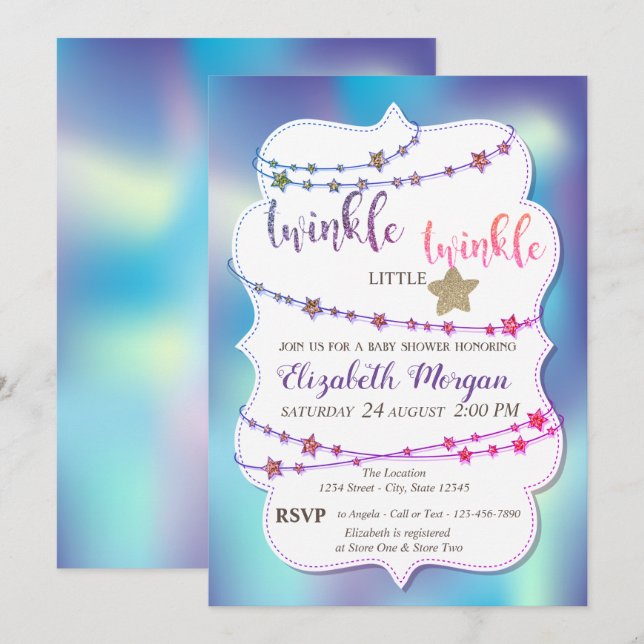 Invitación Twinkle Little Star Holographic Baby Shower (Anverso / Reverso)
