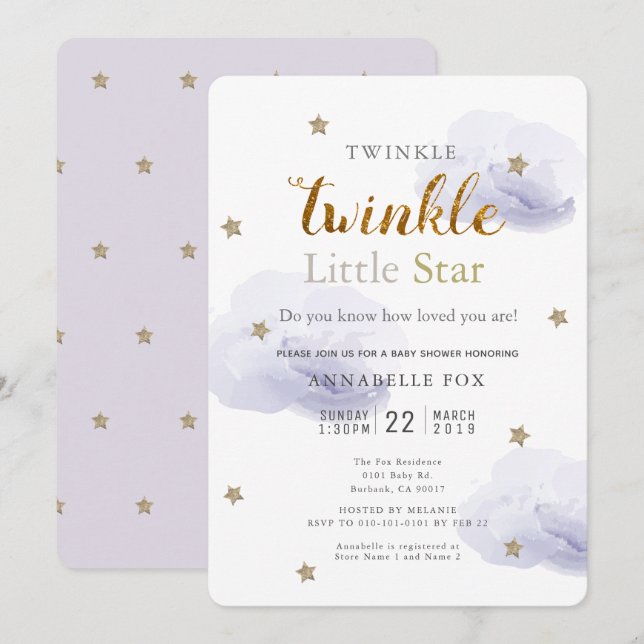 Invitación Twinkle Little Star Lavender Baby Shower (Anverso / Reverso)