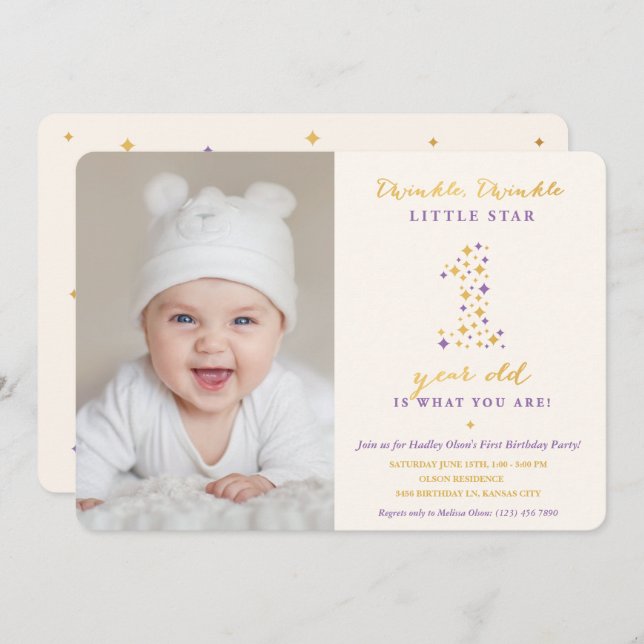 Invitación Twinkle Little Star Lavender & Gold First Birday (Anverso / Reverso)
