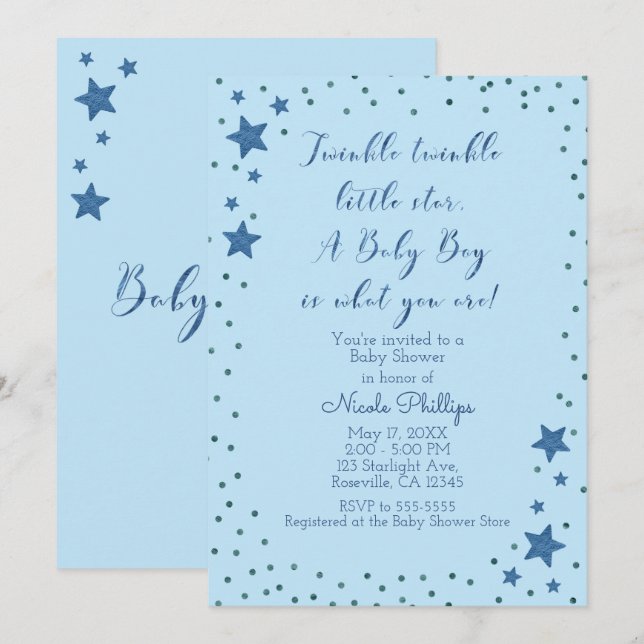 Invitación Twinkle Little Star Light Blue Boy Baby Shower (Anverso / Reverso)