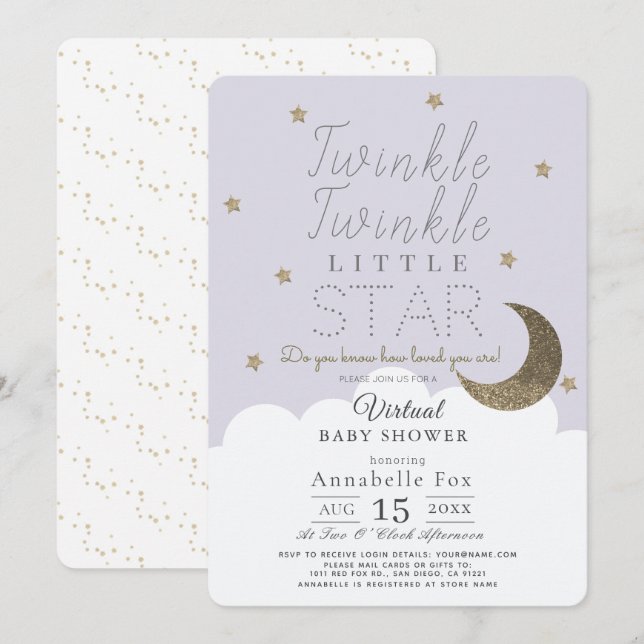 Invitación Twinkle Little Star Lilac Virtual Baby Shower (Anverso / Reverso)