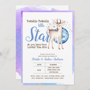 Invitación Twinkle Little Star Little Deer Blue Gold Moderno