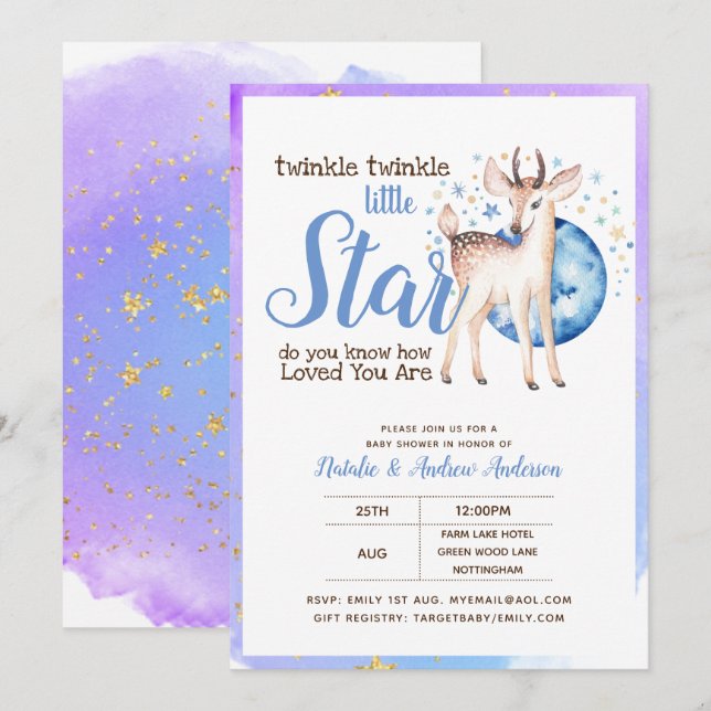 Invitación Twinkle Little Star Little Deer Blue Gold Moderno (Anverso / Reverso)