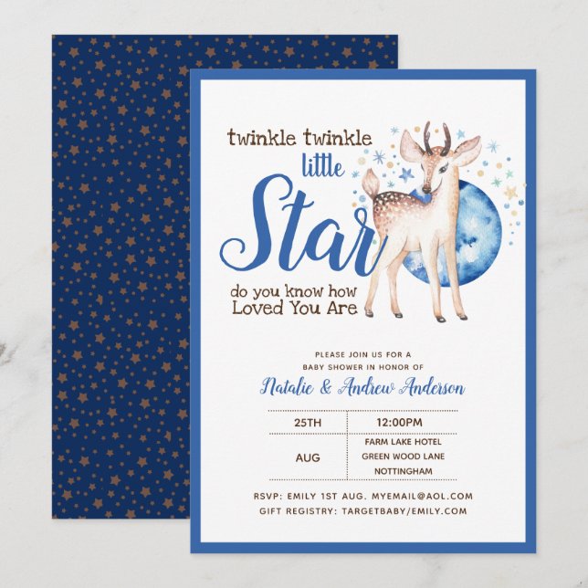 Invitación Twinkle Little Star Little Deer Blue Gold Moderno (Anverso / Reverso)