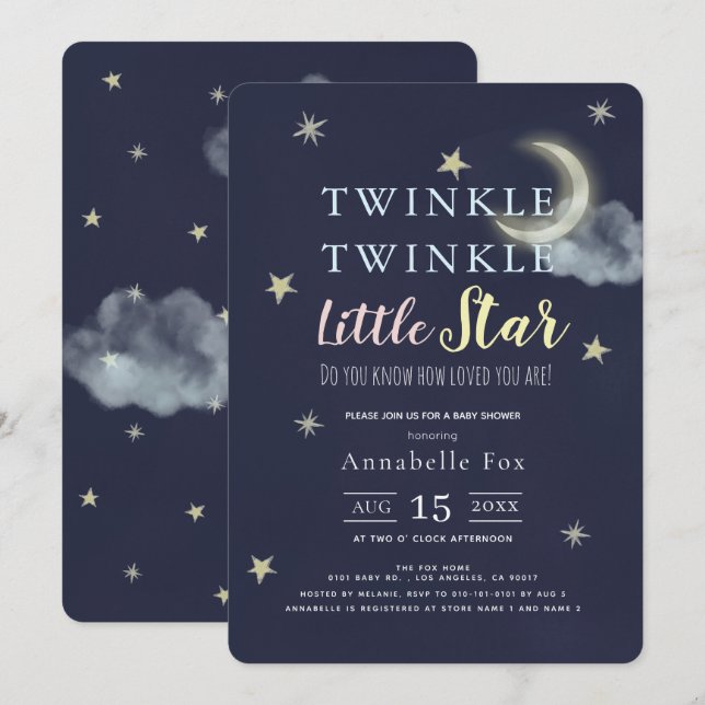 Invitación Twinkle Little Star Midnight Blue Baby Shower (Anverso / Reverso)