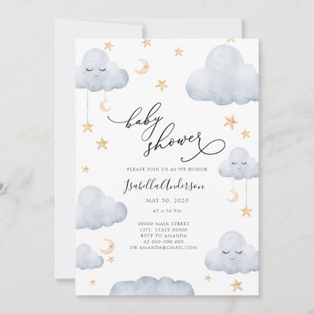 Invitación Twinkle Little Star Moon Blue Yellow Baby Shower (Anverso)