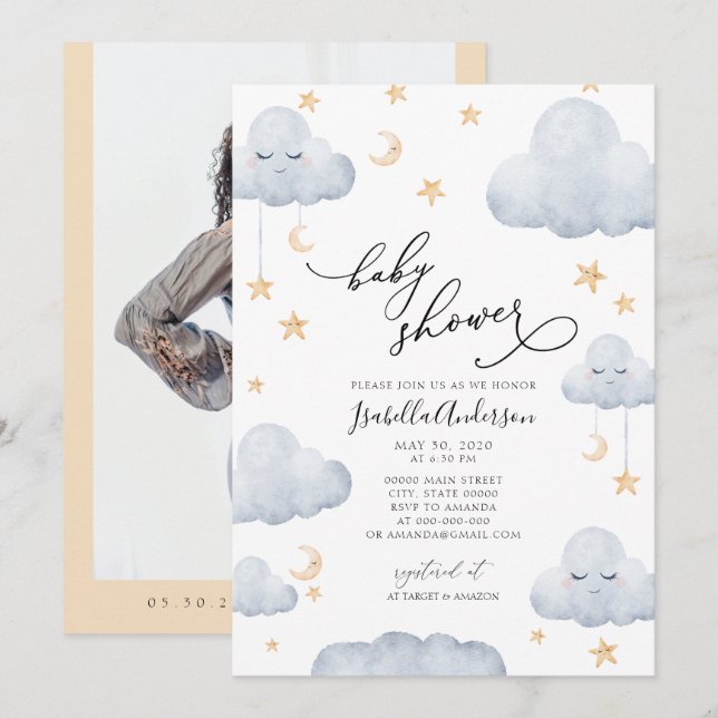 Invitación Twinkle Little Star Moon Blue Yellow Baby Shower (Anverso / Reverso)