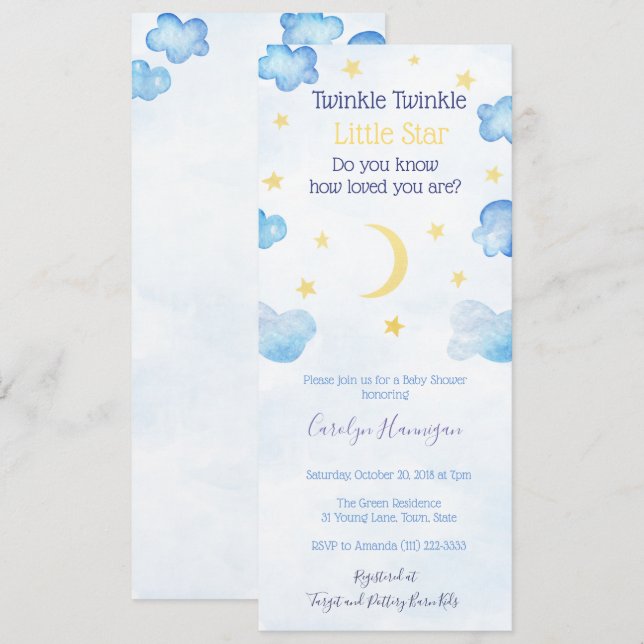 Invitación Twinkle Little Star Moon Nubes Sky Baby Shower (Anverso / Reverso)
