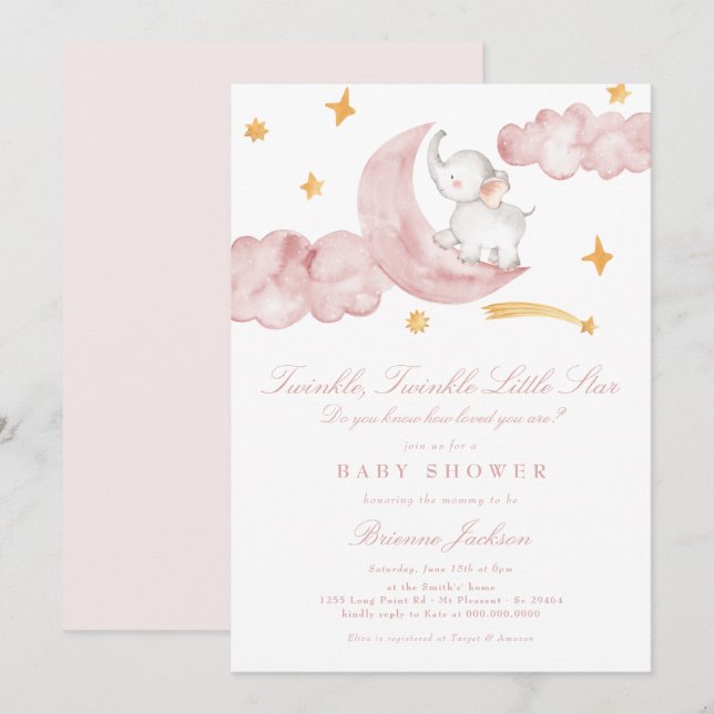 Invitación Twinkle Little Star Moon Pink Chica Baby Shower (Anverso / Reverso)
