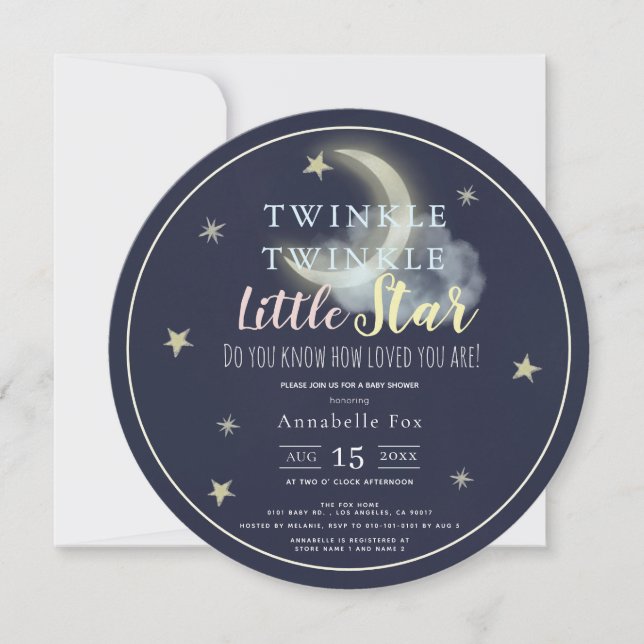 Invitación Twinkle Little Star Navy Blue Circle Baby Shower (Anverso)
