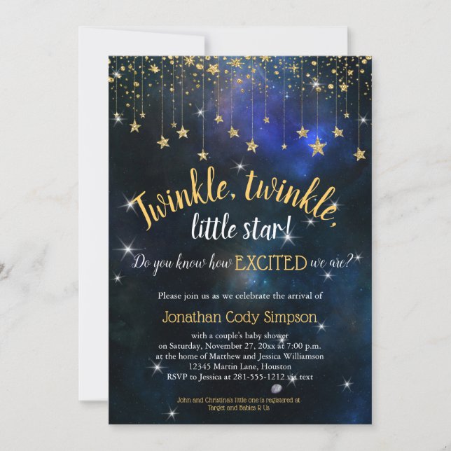 Invitación Twinkle Little Star Navy Gold Galaxy Baby Shower (Anverso)